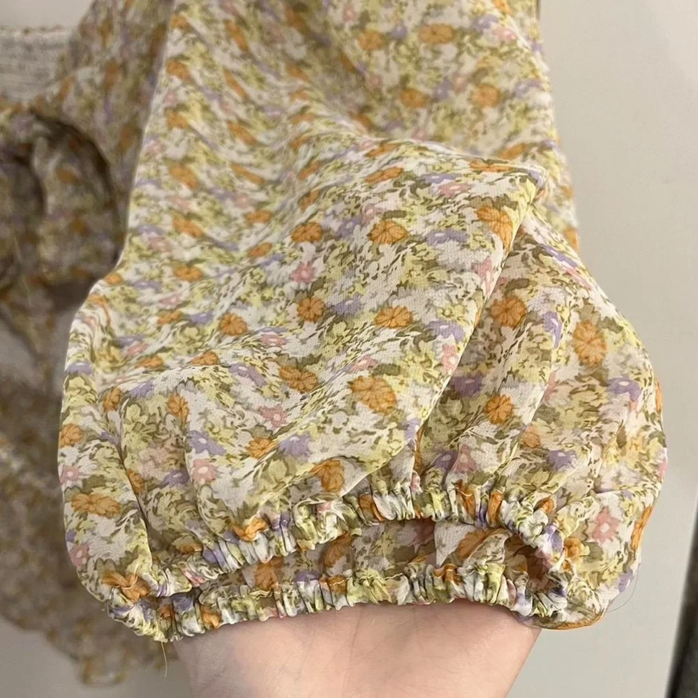 ASTR The Label Light Floral Smocked Square Neck + Tie Back Blouse